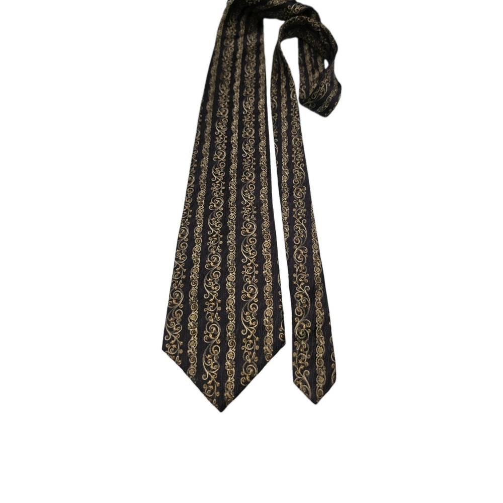 Striped Claiborne Neck Tie Navy Blue W/Golden Design 100% Imported Silk USA Made
